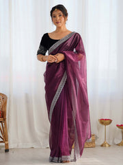 Purple Party Wear Net Embellished Saree