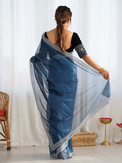 Blue Party Wear Net Embellished Saree