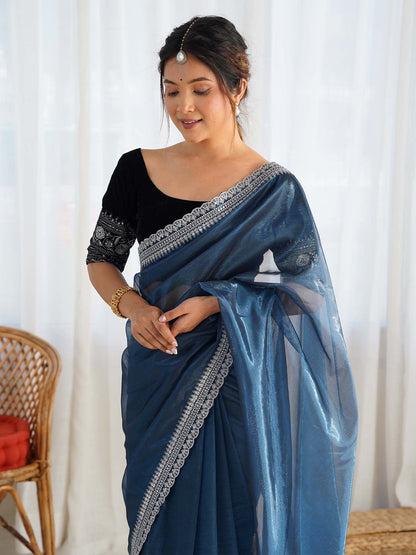 Blue Party Wear Net Embellished Saree