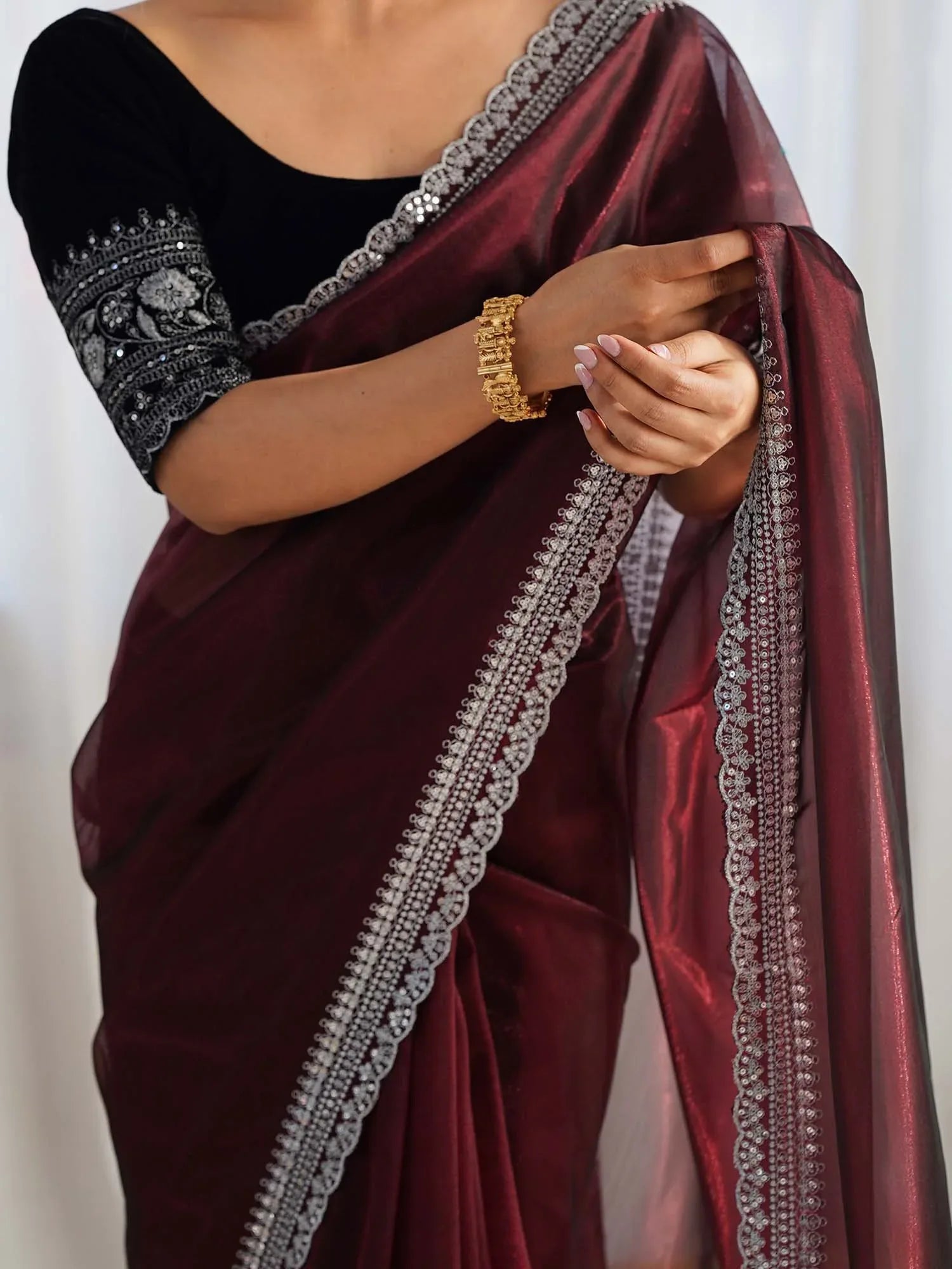 Maroon Party Wear Net Embellished Saree