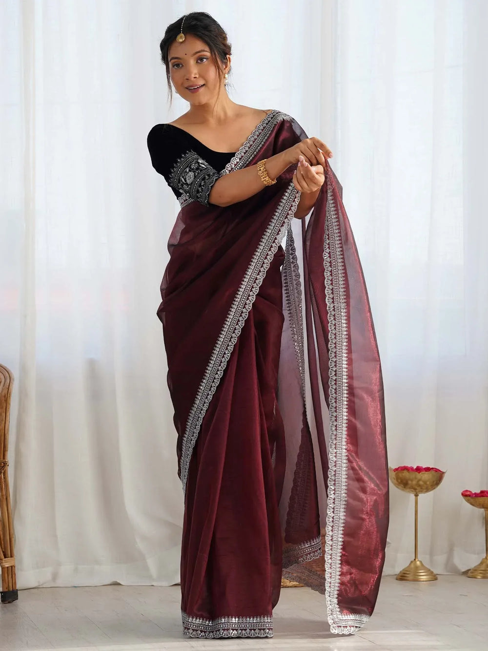 Maroon Maroon Party Wear Net Embellished Saree