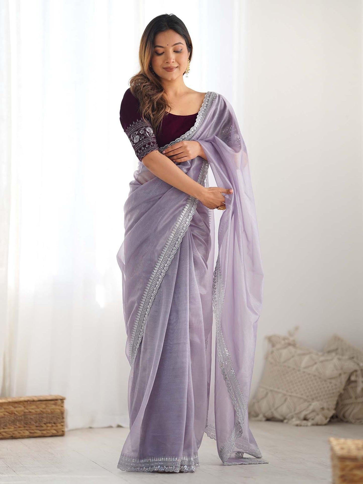 Lavendar Party Wear Net Embellished Saree