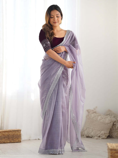 Lavendar Party Wear Net Embellished Saree