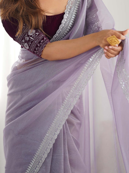 Lavendar Party Wear Net Embellished Saree
