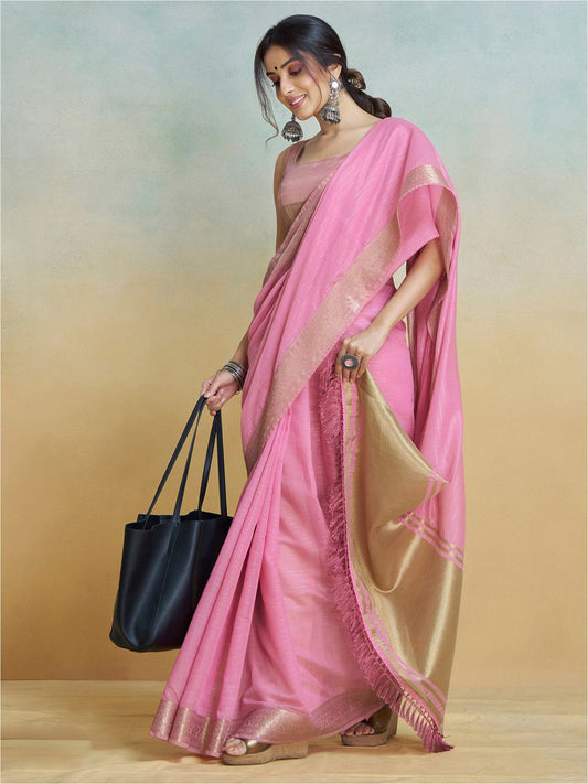 Pink Pink Uppada Cotton Blend Woven Saree