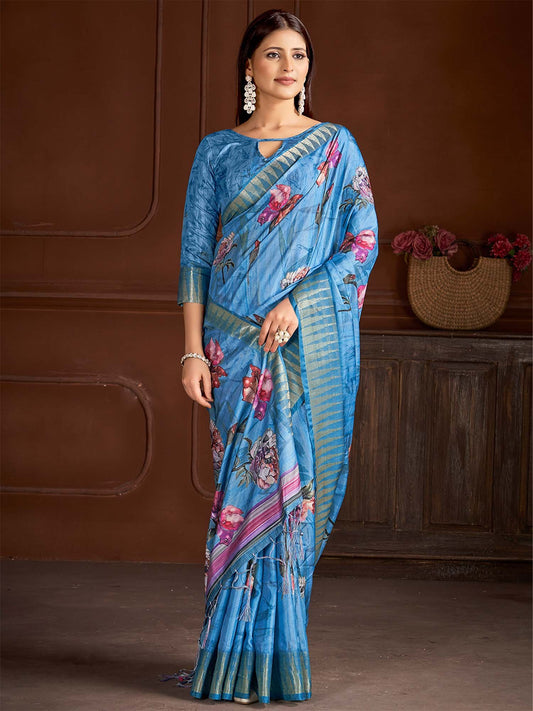 Blue Blue Sungudi Manipuri Silk Printed Saree