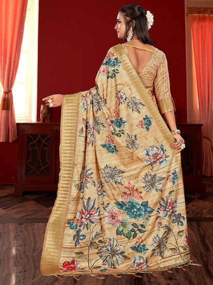 Beige Sungudi Manipuri Silk Printed Saree