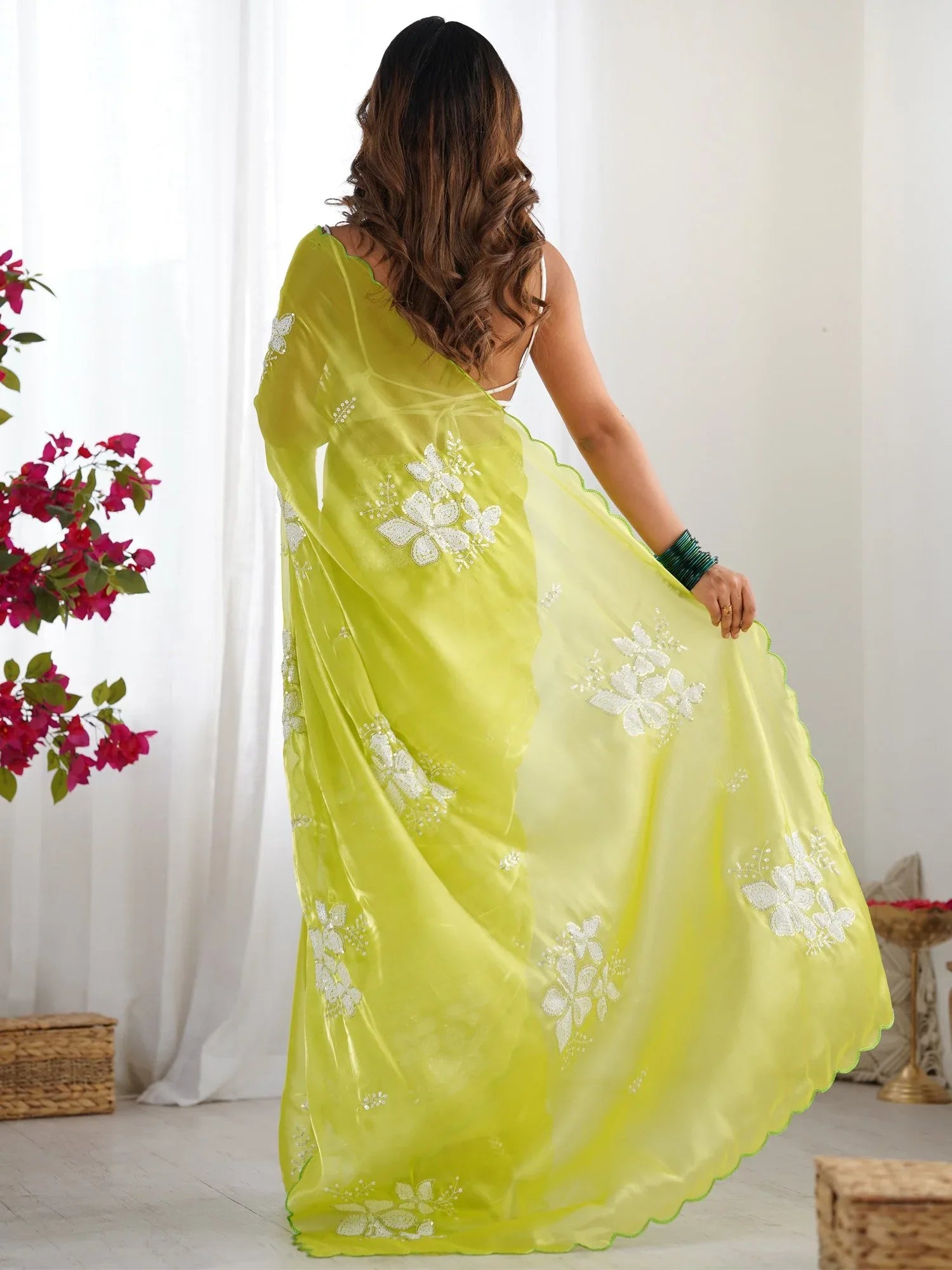 Lime Party Wear Organza Embellished Saree