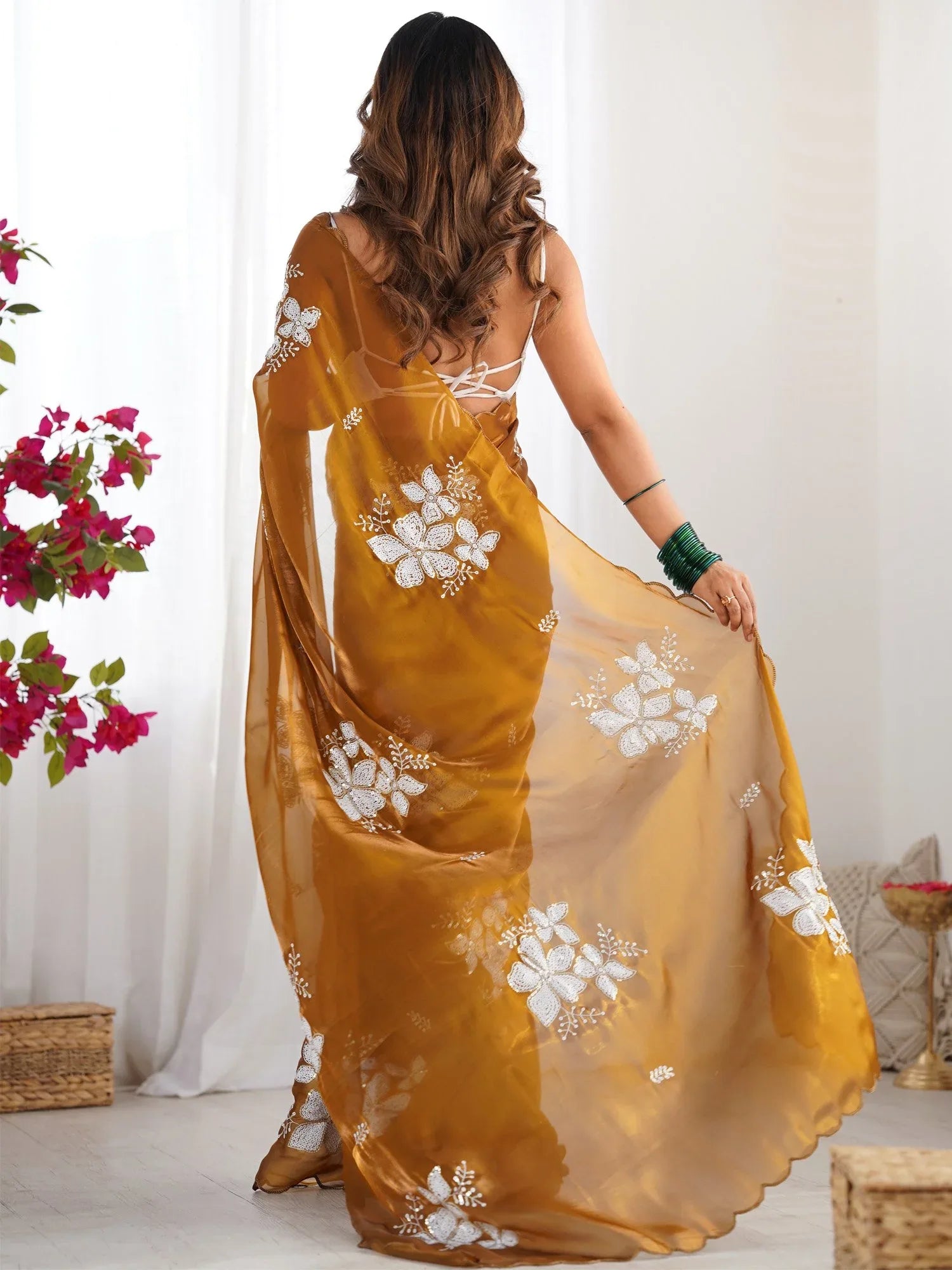 Camel Party Wear Organza Embellished Saree