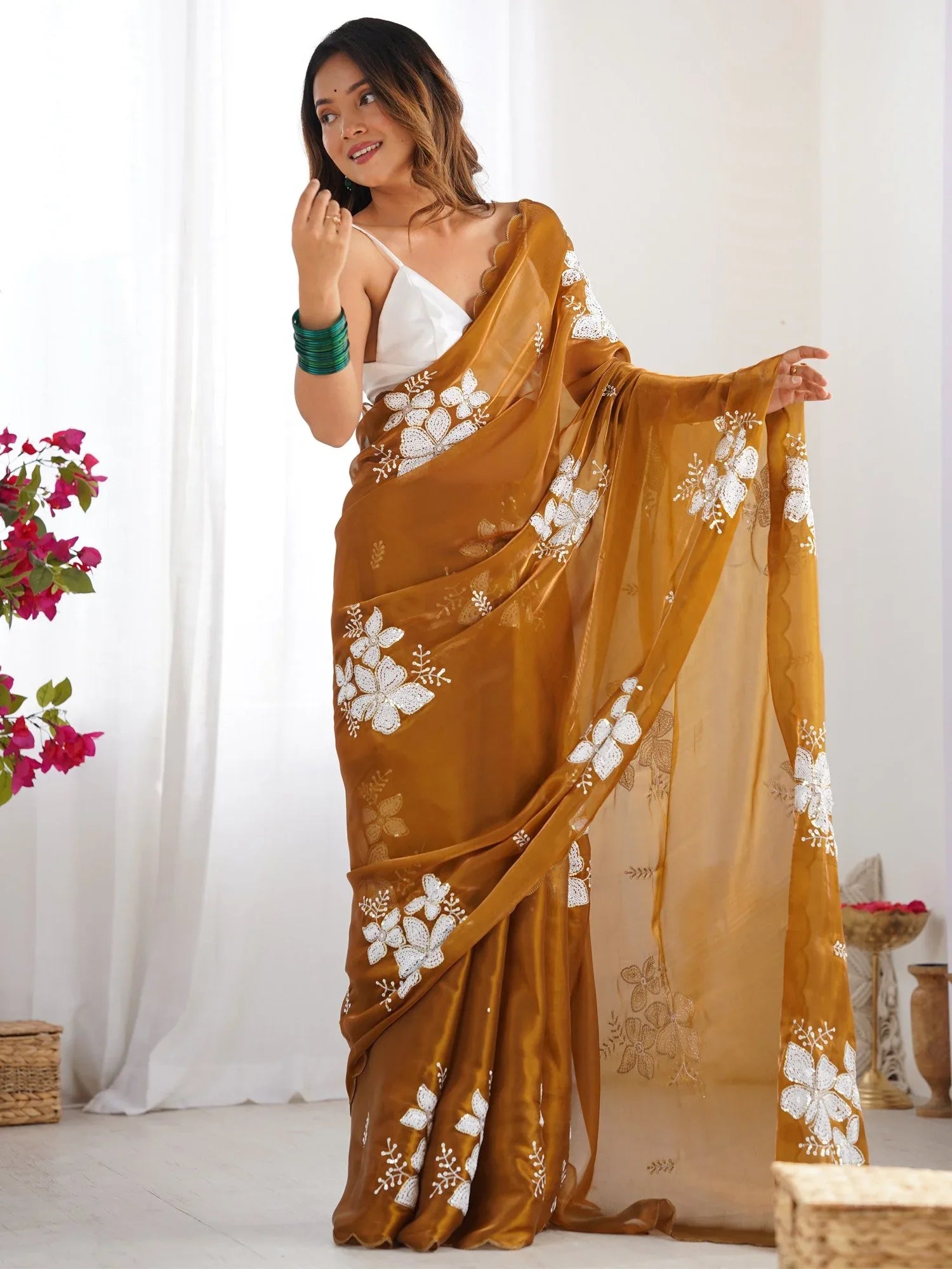 Brown Camel Party Wear Organza Embellished Saree