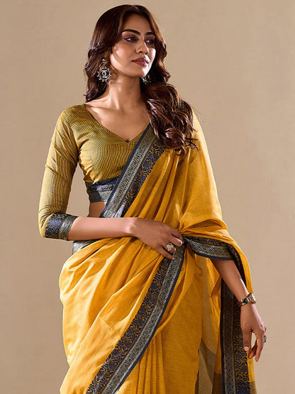 Yellow Uppada Cotton Blend Woven Saree