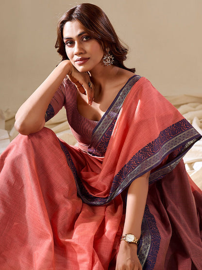 Rust Uppada Cotton Blend Woven Saree