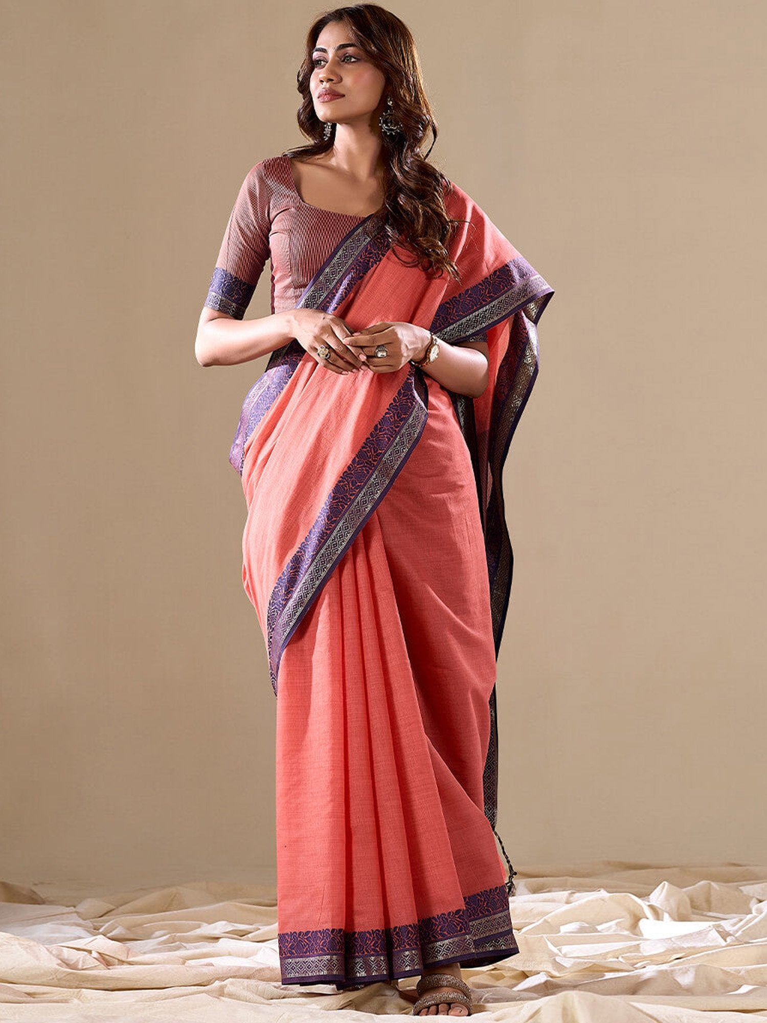 Pink Rust Uppada Cotton Blend Woven Saree
