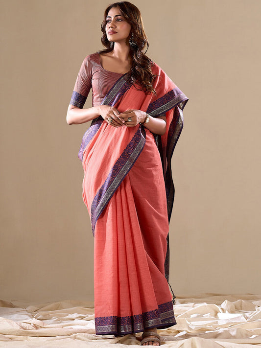 Pink Rust Uppada Cotton Blend Woven Saree