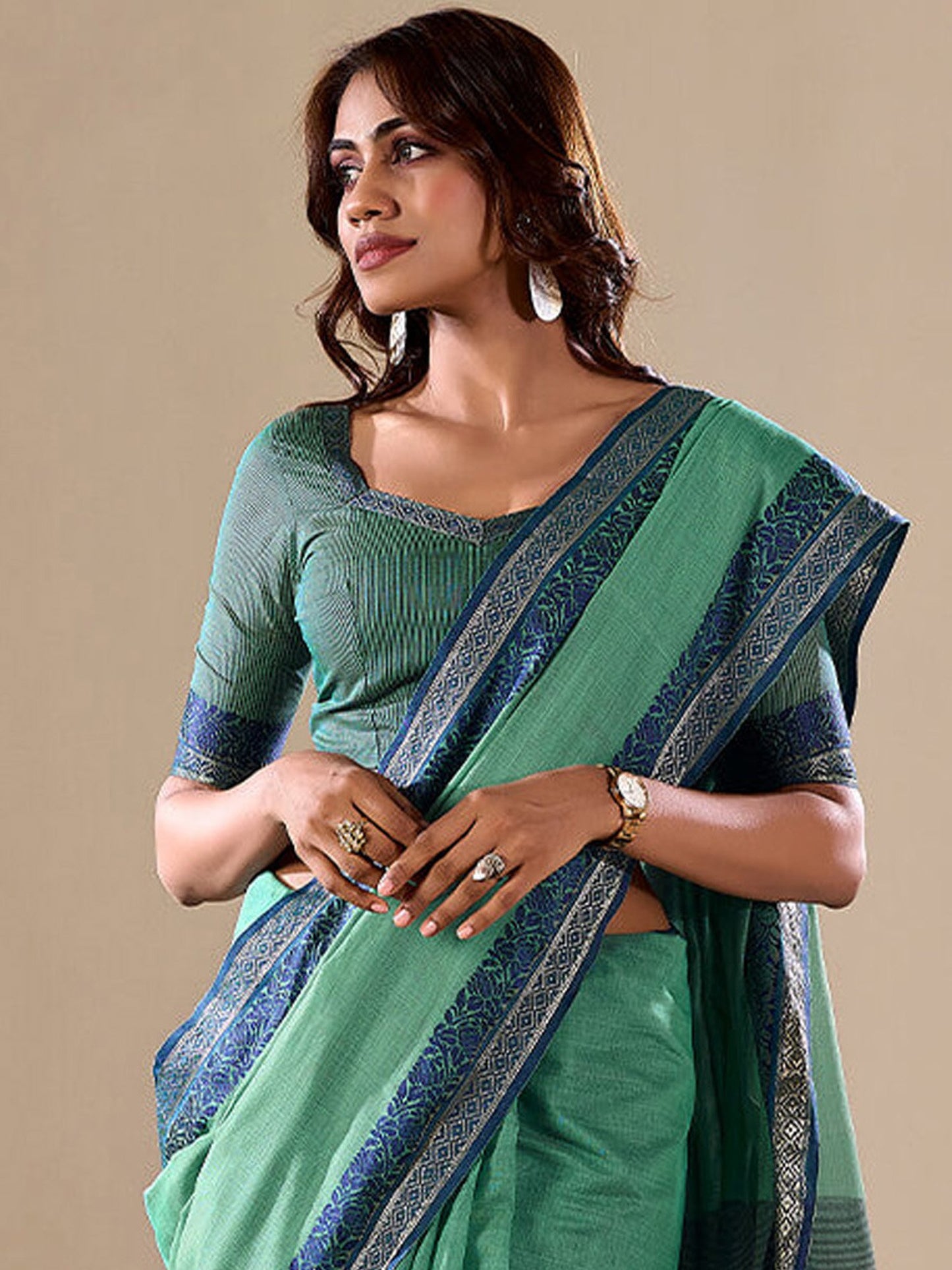 Teal Uppada Cotton Blend Woven Saree