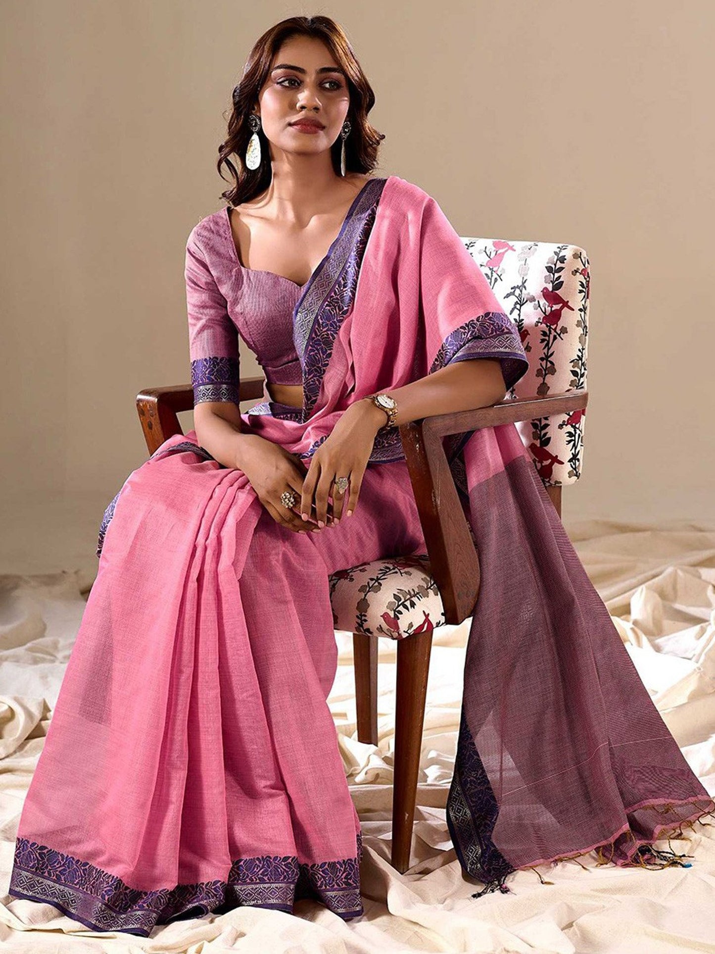 Pink Uppada Cotton Blend Woven Saree