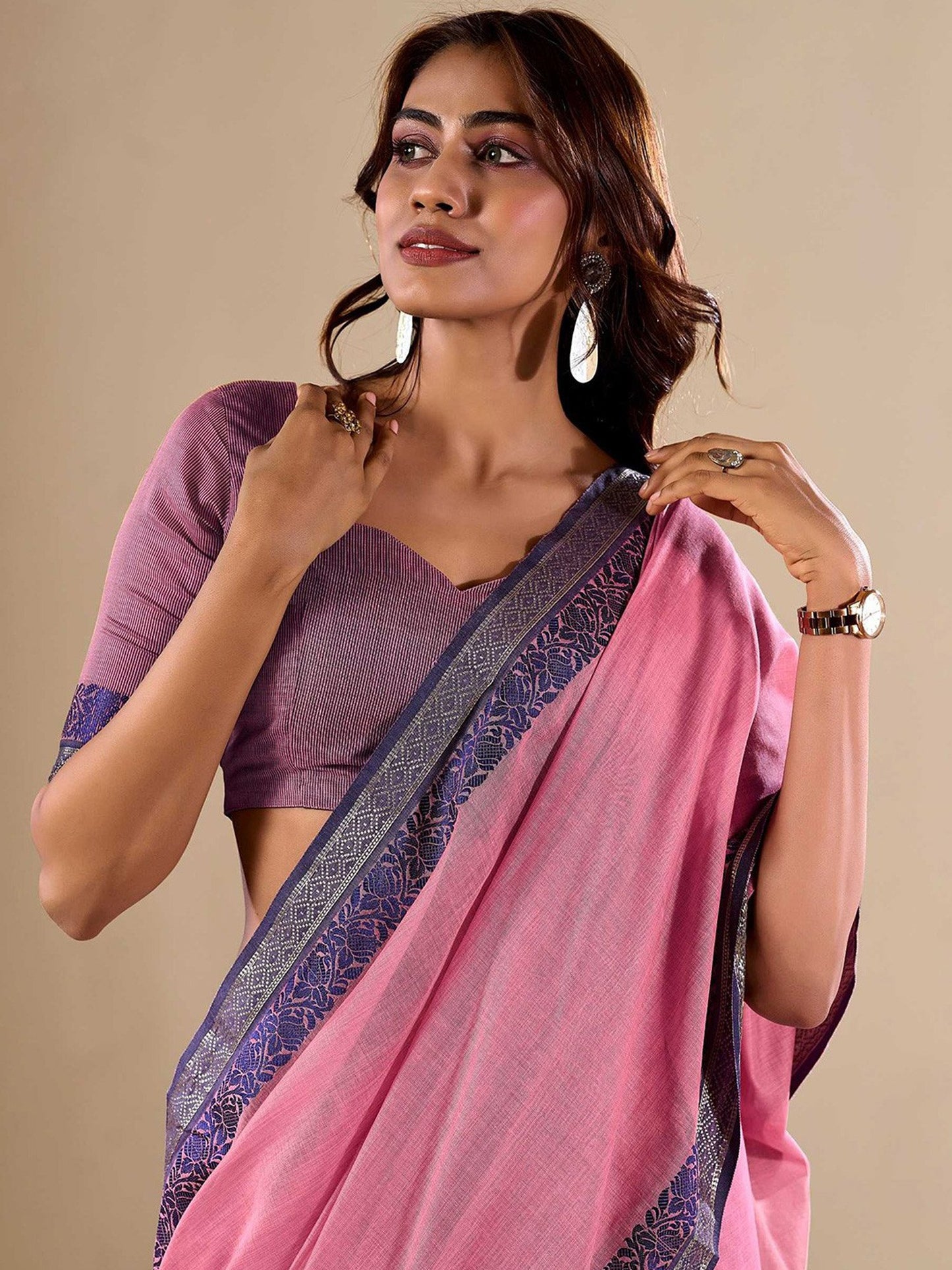 Pink Uppada Cotton Blend Woven Saree
