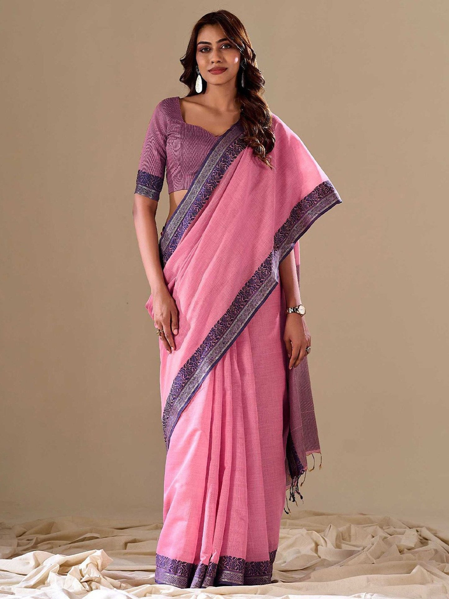 Pink Pink Uppada Cotton Blend Woven Saree