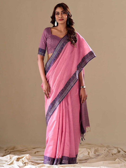 Pink Pink Uppada Cotton Blend Woven Saree