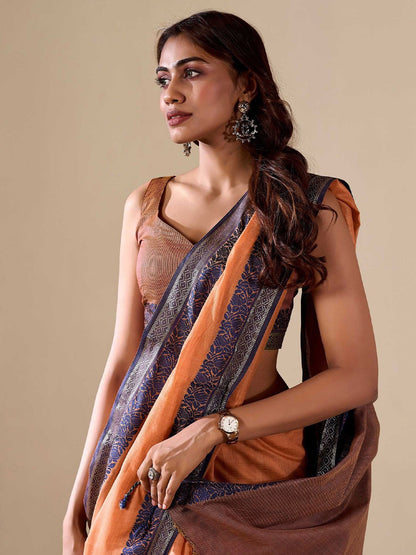 Orange Uppada Cotton Blend Woven Saree