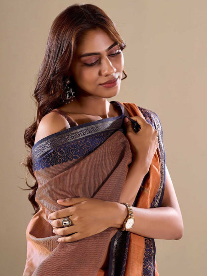 Orange Uppada Cotton Blend Woven Saree