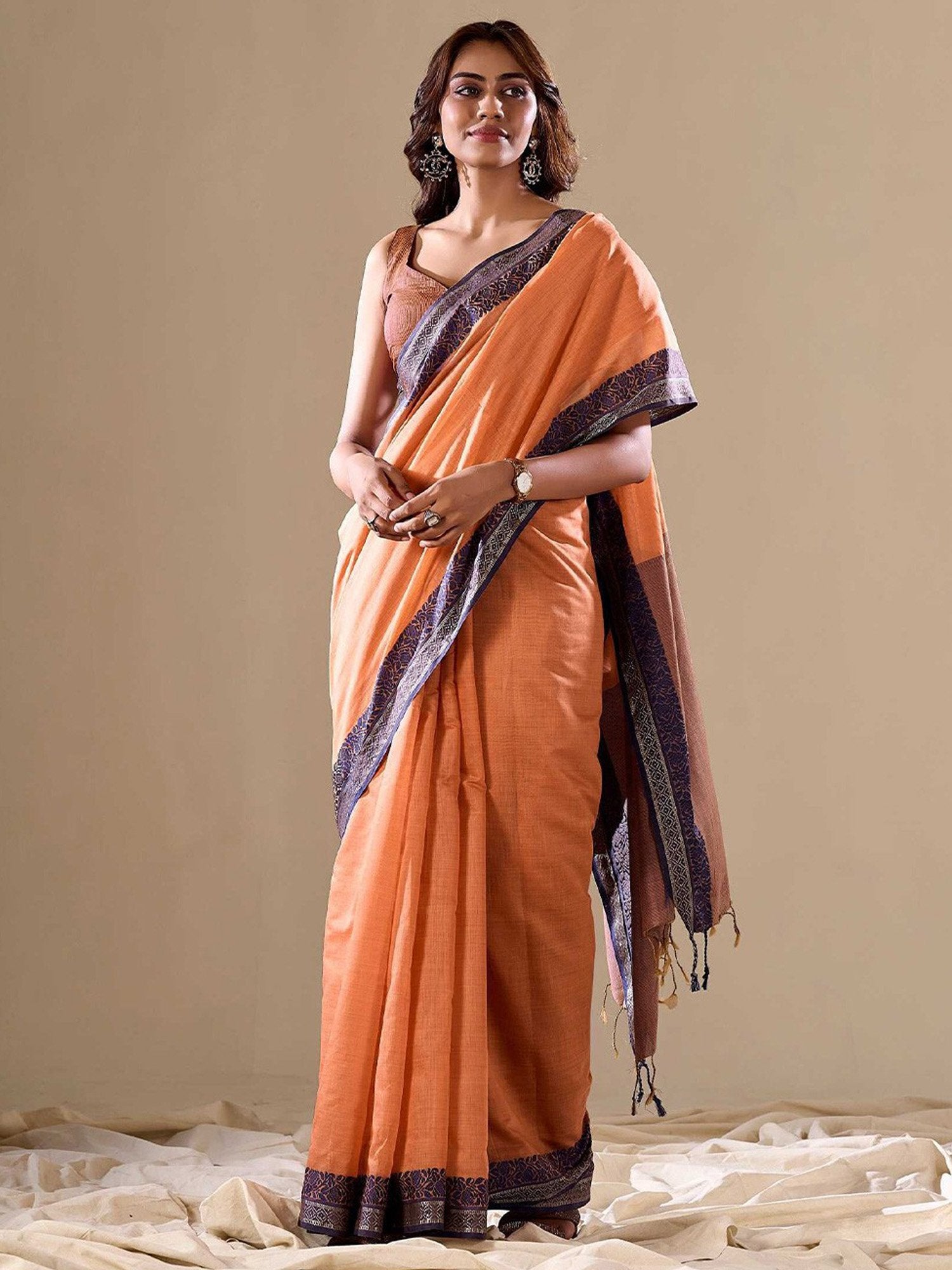 Orange Orange Uppada Cotton Blend Woven Saree