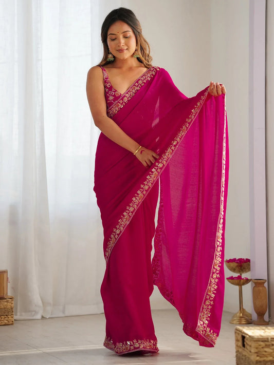 Pink Pink Party Wear Vichitra Silk Embellished Saree
