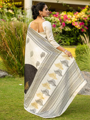 White Block Print Bhagalpuri Silk Printed Saree
