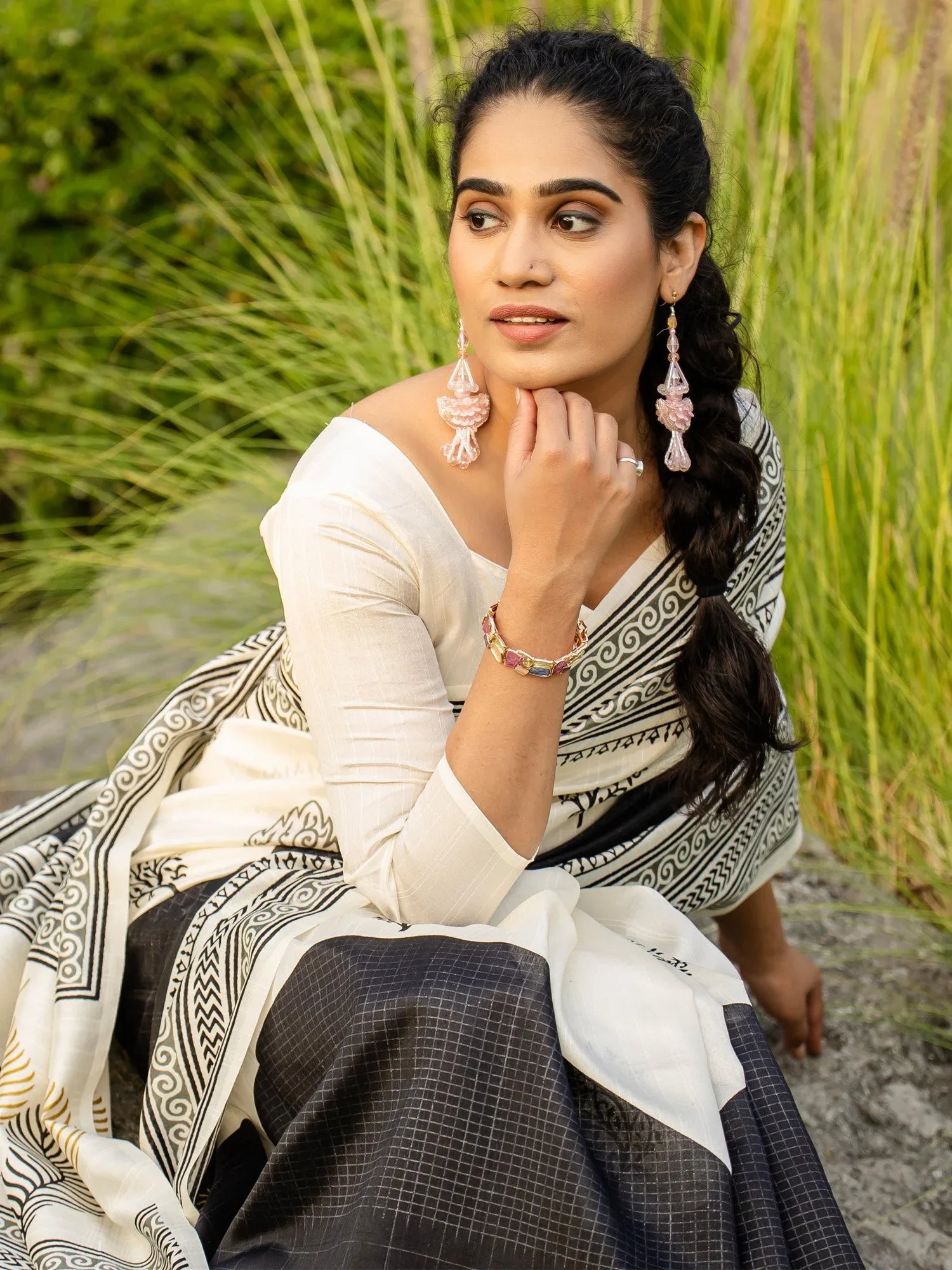 White Block Print Bhagalpuri Silk Printed Saree