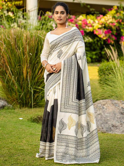 White White Block Print Bhagalpuri Silk Printed Saree