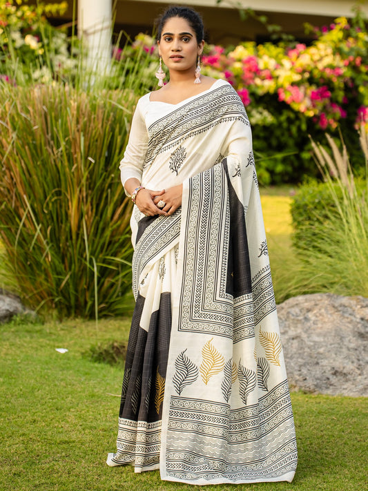 White White Block Print Bhagalpuri Silk Printed Saree