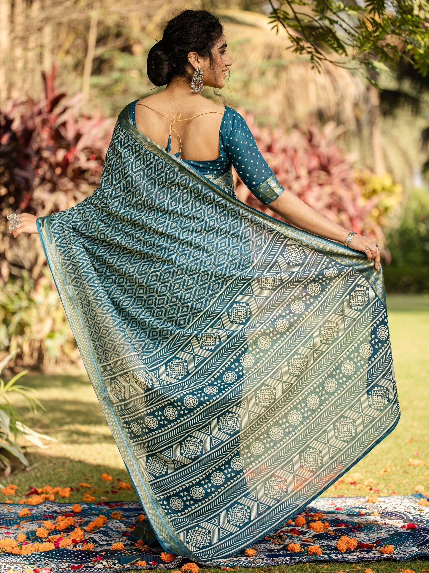 Teal Block Print Cotton Printed Saree