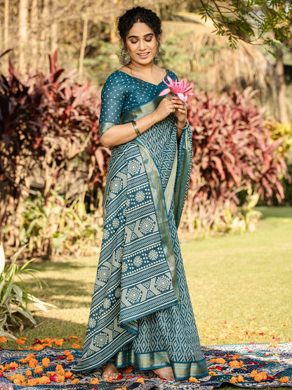 Teal Block Print Cotton Printed Saree