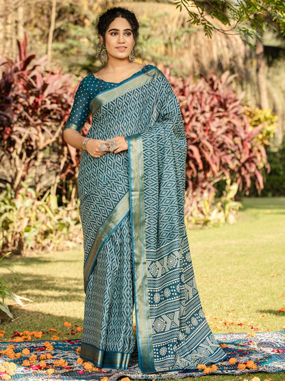 Blue Teal Block Print Cotton Printed Saree