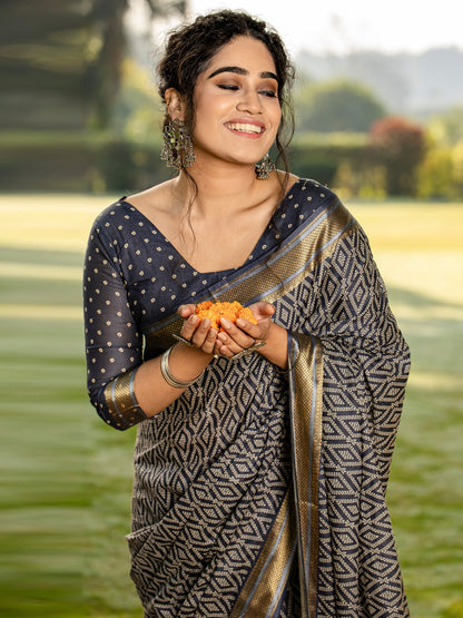 Grey Block Print Cotton Printed Saree