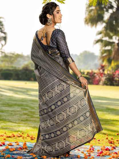 Grey Block Print Cotton Printed Saree