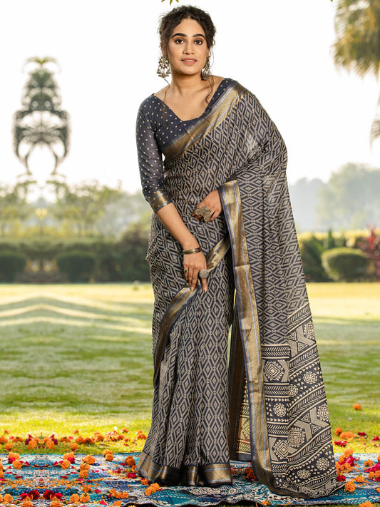 Grey Grey Block Print Cotton Printed Saree