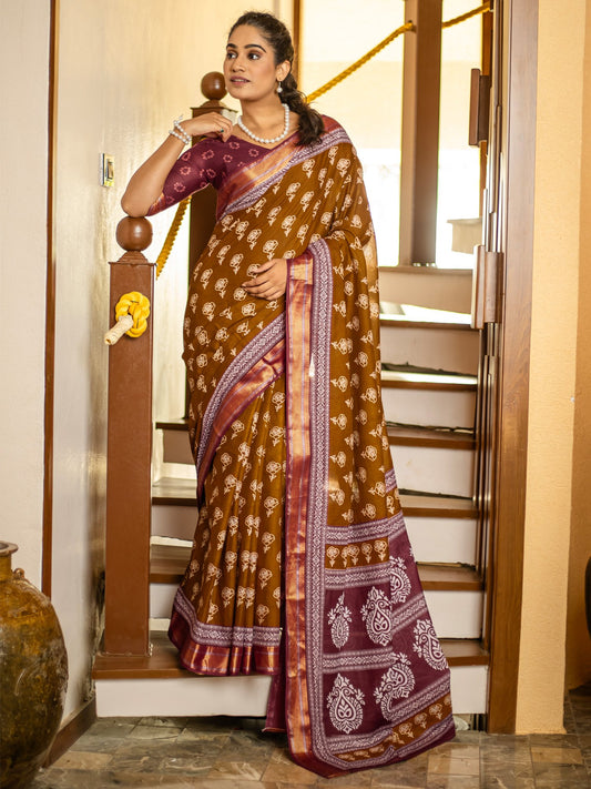 Brown Camel Bagh Cotton Printed Saree