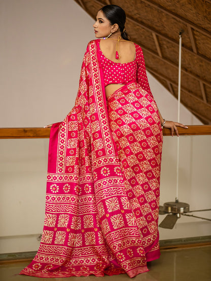 Pink Block Print Cotton Blend Printed Saree