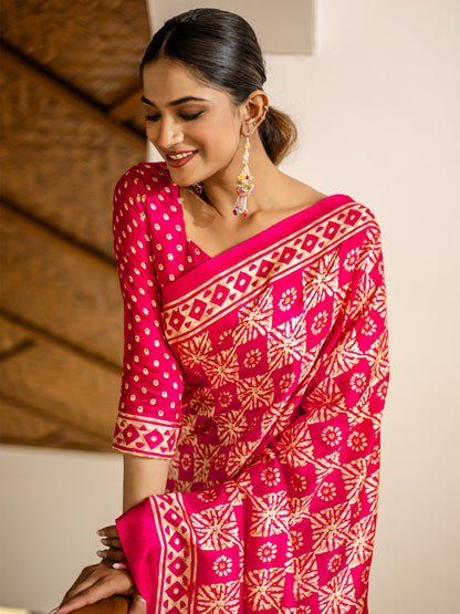 Pink Block Print Cotton Blend Printed Saree