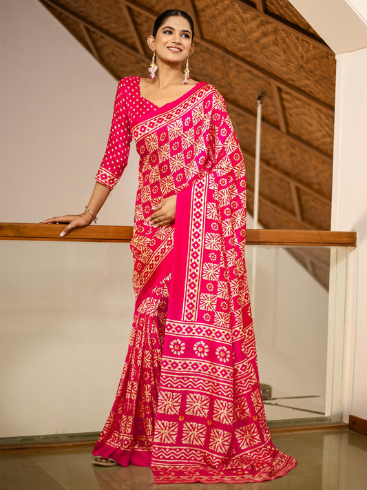 Pink Pink Block Print Cotton Blend Printed Saree