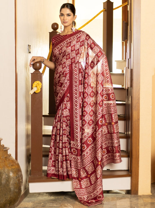 Maroon Maroon Block Print Cotton Blend Printed Saree
