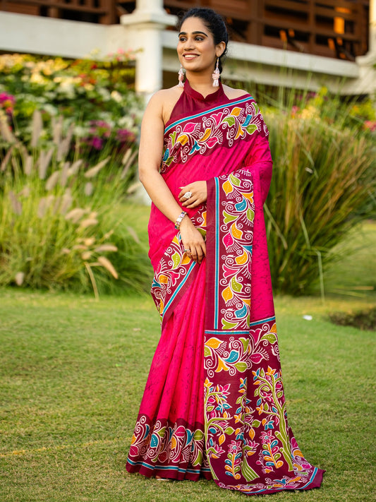 Pink Pink Block Print Cotton Blend Printed Saree