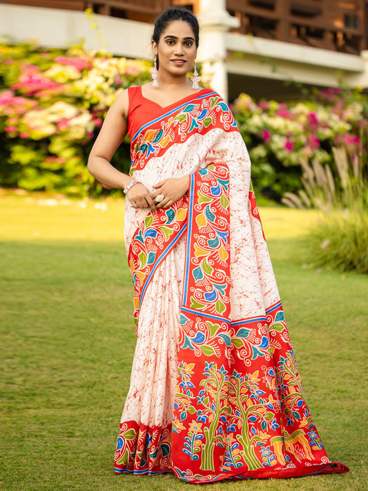 White Off Block Print Cotton Blend Printed Saree