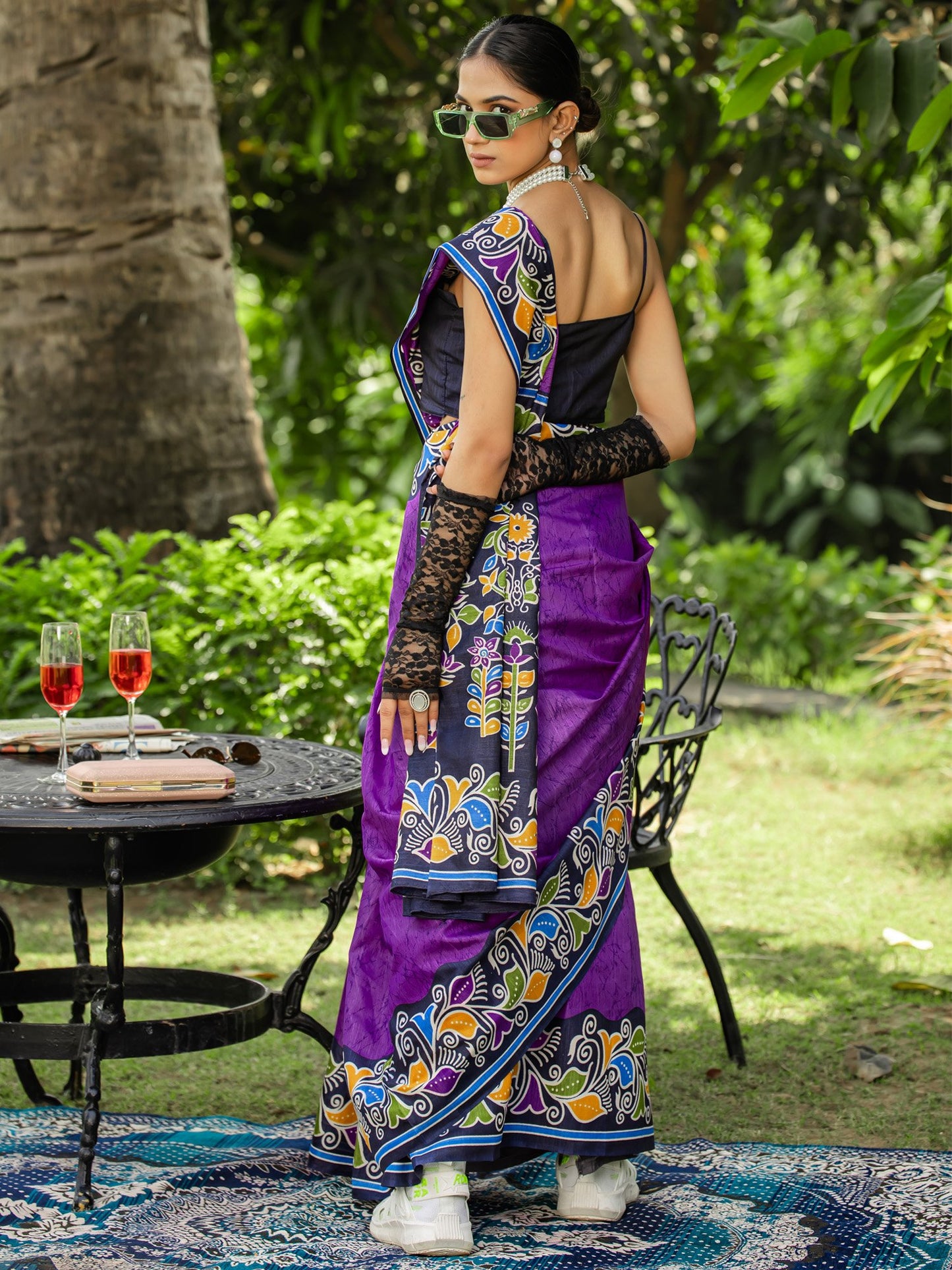 Purple Block Print Cotton Blend Printed Saree