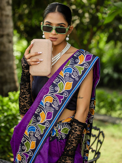 Purple Block Print Cotton Blend Printed Saree