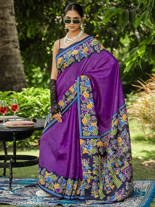 Purple Purple Block Print Cotton Blend Printed Saree