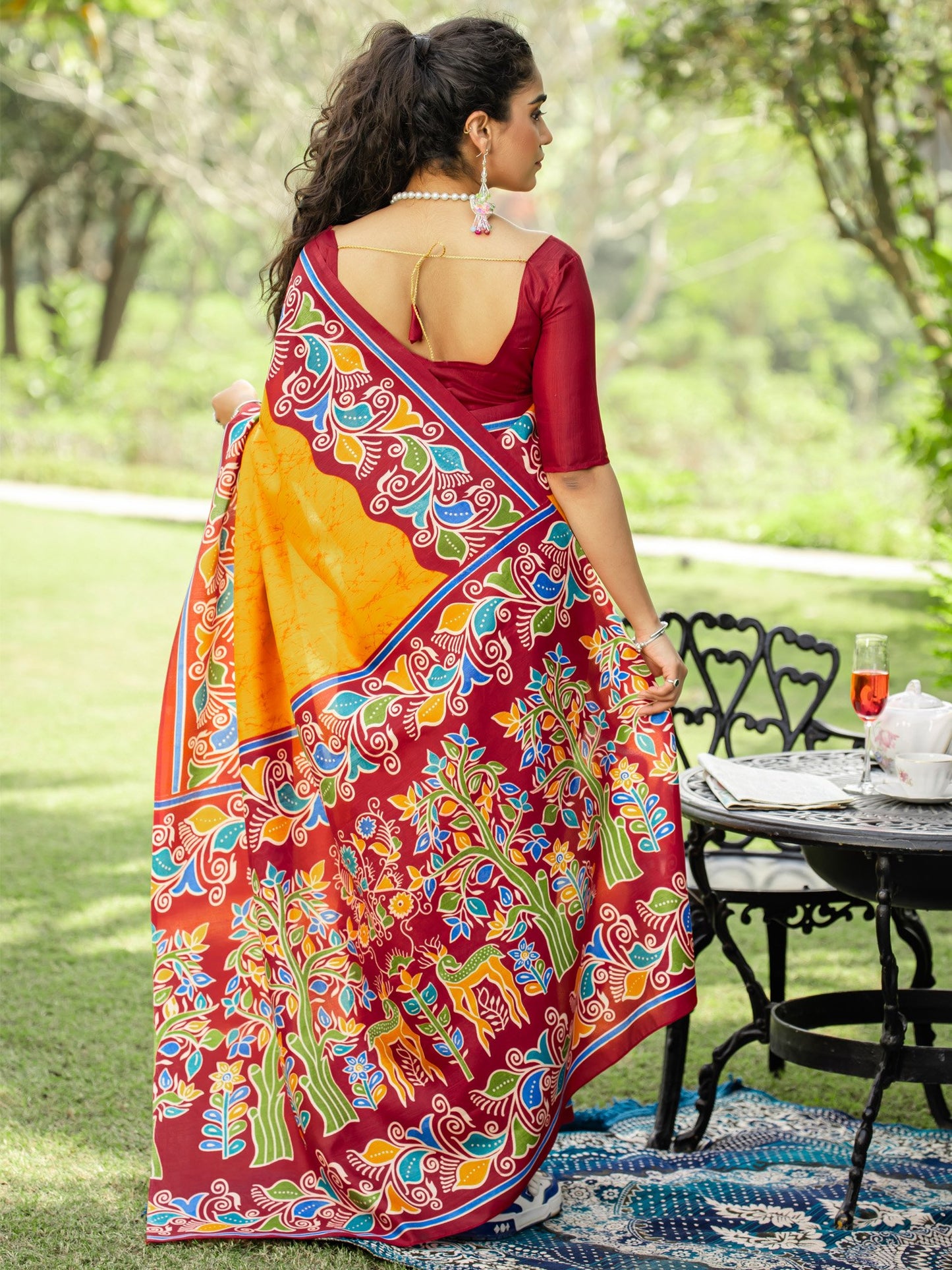 Yellow Block Print Cotton Blend Printed Saree