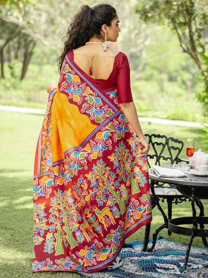 Yellow Block Print Cotton Blend Printed Saree