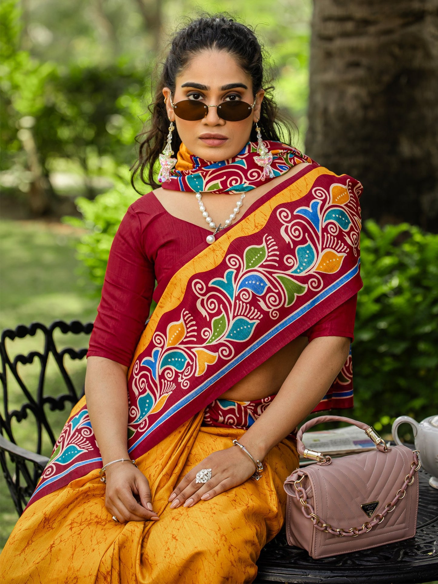 Yellow Block Print Cotton Blend Printed Saree